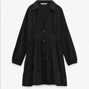 Zara Babydoll Tiered Shirt Dress Black Women Size M